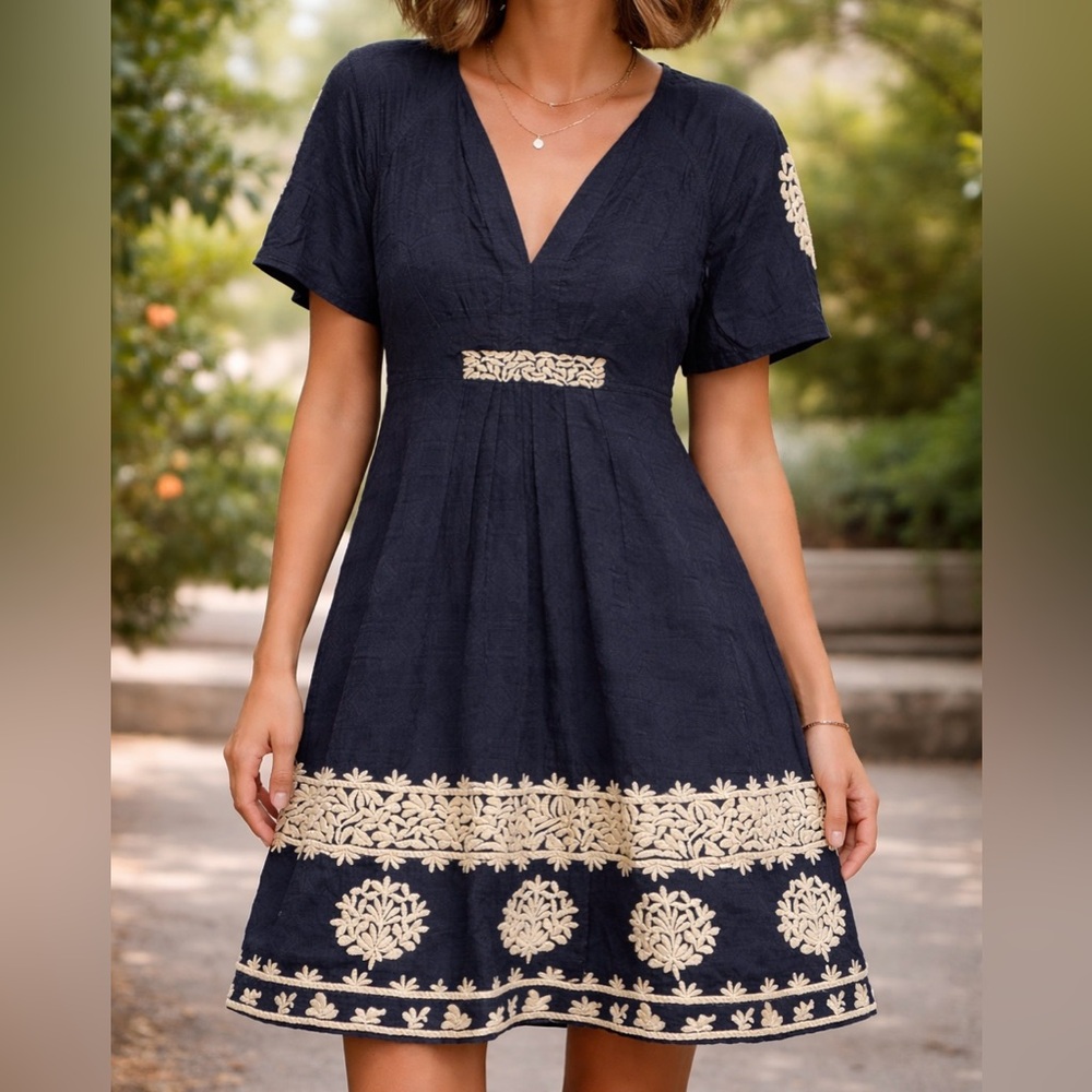 Anthropologie Black Midi Dress with Cream Embroidery